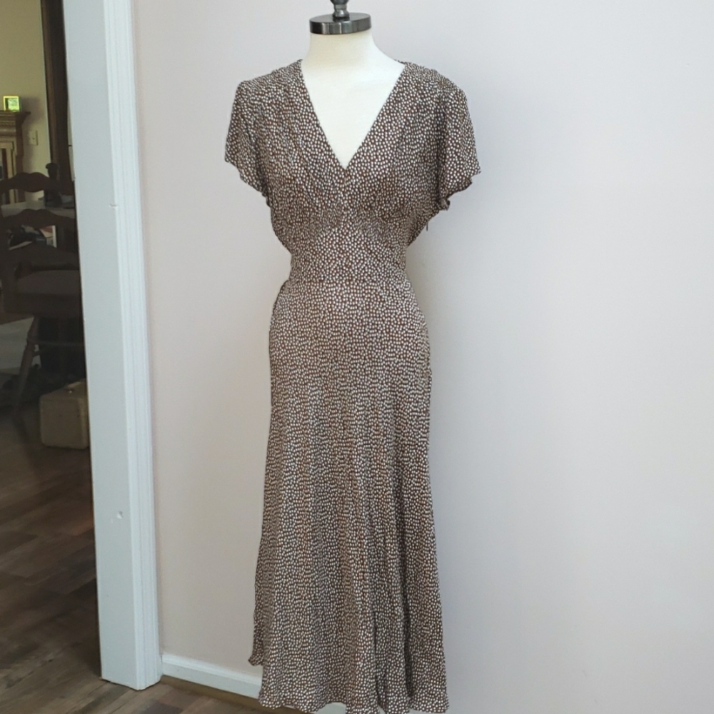 Vintage Sheri Martin Short Sleeve V-neck Dress, Brown w/ White Polka Dots, 12